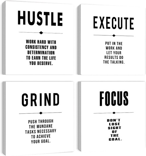 Hustle Execute Grind Focus White Motivational Canvas Wall Art,Abstract Inspirational Office Quotes Paintings Framed Wall Art for Living Room Bedroom Dinning Room Home Decor-12 x12 x4pcs