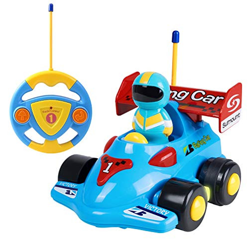 Cartoon RC Race Car with Music and Lights Electric Radio Control Toy for Baby Toddlers Kids and Children Train Toy for Kids Birthday Gift Present, Sky Blue