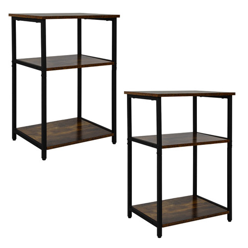 Babion 3-Tier Side Table, Vintage End Table with Open Storage Shelves, Small Bedside Stand, Wood and Metal Side Table, Industrial Nightstand, Night Stand for Bedroom and Home Office,2PCS,Grey