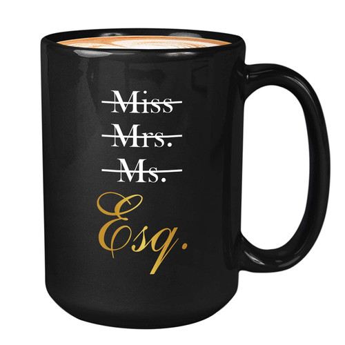 Bubble Hugs Lawyer Coffee Mugs 15 oz, Miss Mrs. Ms. Esq. Law Student Attorney Advocate Law Graduation School Gift for Woman Her Esquire, Black