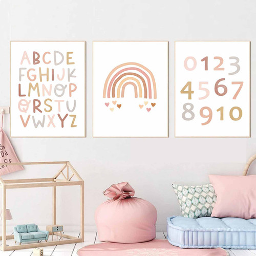 Abc Poster Alphabet Poster For Kids Room Boho Nursery Canvas Wall Art Nursery Wall Art Pink Rainbow Prints Boho Print Rainbow Boho Rainbow Posters Rainbow Nursery Canvas Wall Art 12x16inchx3 No Frame