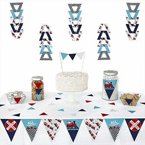 Big Dot of Happiness Railroad Party Crossing - Triangle Steam Train Birthday Party or Baby Shower Decoration Kit - 72 Piece