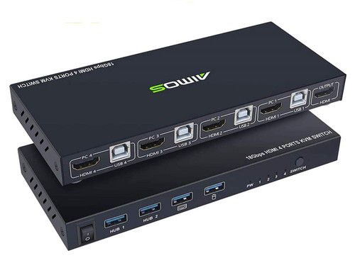KVM Switch HDMI 4 Port Box, AIMOS HDMI 2.0 KVM Switcher Support Wireless Keyboard and Mouse Connections and with USB Hub Port, UHD 4K@60Hz & 3D & 1080P Supported