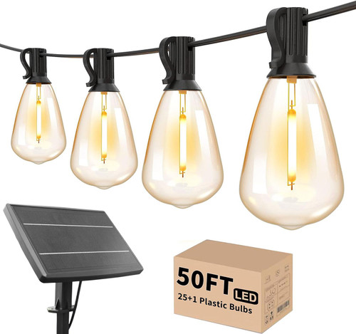 Svater Solar Outdoor String Lights 50FT, ST38 Patio Lights with 26pcs Shatterproof Dimmable Vintage Edison Bulbs - Solar Powered Weatherproof Light for Patio, Backyard, Garden, Bistro, Warm White