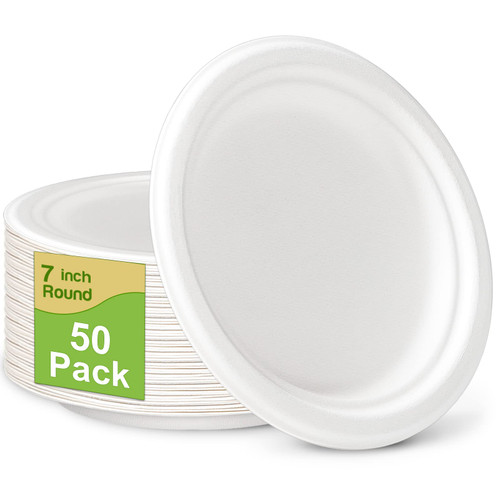 GREENESAGE Small Paper Plates 7 Inch, 50 Pack Disposable Plates Bulk, Dessert Cake White Paper Plates Compostable, Eco Friendly Paper Plates Heavy Duty for Daily Meals, White