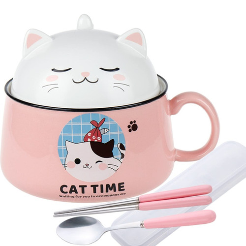 Ramen Bowl with Lid, Cute Cat Instant Noodle Bowl, 34.5 OZ Ramen Cooker with Chopsticks and Spoon, Bowl with Handle For Soup, Salad, Cereal, Pasta, Dessert(Pink)