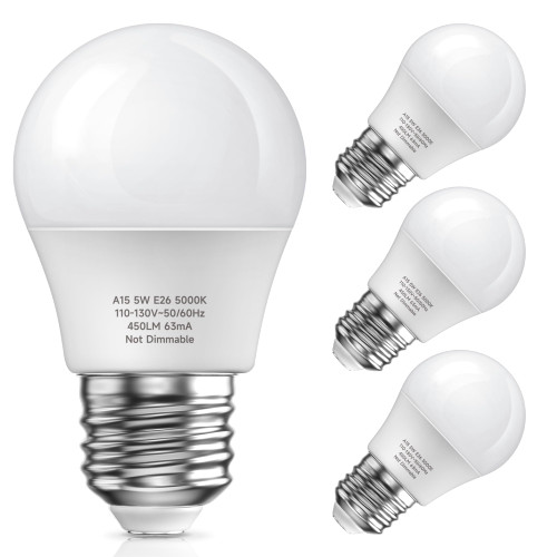 UNILAMP E26 Refrigerator Light Bulb, 120V LED Fridge Light Bulb Waterproof, A15 E26 5W Equivalent 40W Light Bulb, Daylight 5000K Non-Dimmable, E26 LED Bulbs for Freezer Home Kitchen Lighting, 4 Pack