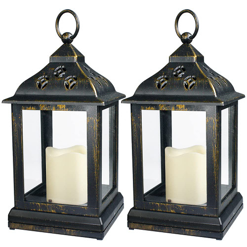 Bright Zeal 2-Pack 9.5" Distressed Bronzes Indoor Candle Lantern with LED Flameless Candle - Battery Operated Lanterns Indoor Decorative Lanterns with Timer Candles