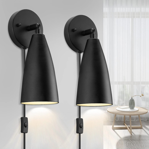 KEWANNO Plug in Wall Sconces, 2 Pack Swing Arm Wall Lamp with Plug in Cord, Industrial Plug in Wall Light Sconces with On Off Switch, Black Wall Sconces Lighting for Bedroom, Living Room