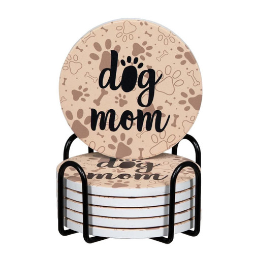 Bridgemore Dog Mom Coasters for Drinks - Set of 6 Ceramic Dog Lover Coasters for Drinks Absorbent with Holder - Dog Mom Gifts for Women or House Warming Presents for New Home
