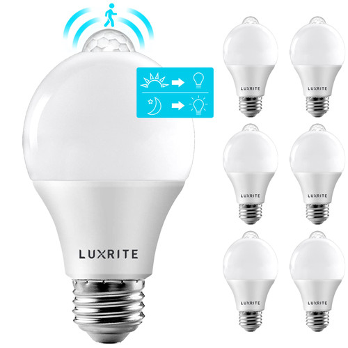 LUXRITE A19 LED Motion Sensor Light Bulbs, 60W Equivalent, Motion Activated Dusk to Dawn Sensor, 3000K Soft White, 800 Lumens, Security Light Bulb, Indoor/Outdoor, UL Listed, E26 Base (6 Pack)
