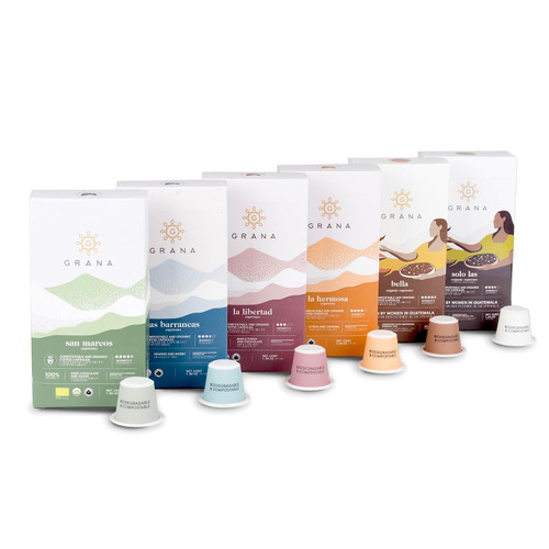 GRANA USDA Organic Compostable Nespresso Compatible Coffee Pods | Variety Pack (60 Pod Count, 6 Boxes) | Guatemala Coffee | 100% Arabica | Certified Clean Coffee - Mycotoxin Free | Specialty Grade 100% | Direct Trade | Guatemala Coffee