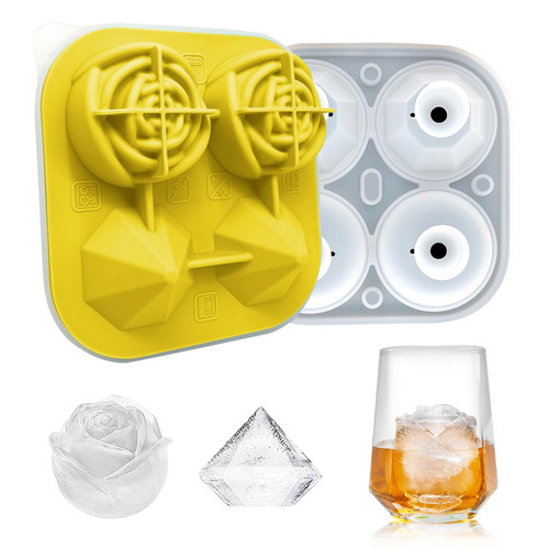 Ice Cube Tray, Rose Ice Cube Maker, Ice Cube Tray with Lid, Novelty Drink Tray for Chilled Drinks, Whiskey & Cocktails, 2 Rose Mold & 2 Diamond Mold Silicone Ice Cube Trays for freezer (Yellow)