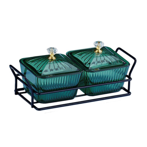 MagiDeal Divided Serving Platter Appetizer Serving Tray with Lids Food Storage Container Rack Snacks Platter for Fruits Restaurant Kitchen, 2 Bowls Green