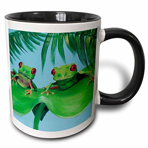 3dRose mug_44372_4"2 Tree Frogs on a Big Palm Leaf" Two Tone Black Mug, 11 oz, Multicolor
