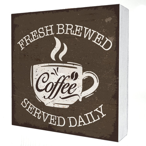 Funny Coffee Wooden Box Sign Desk Decor Fresh Brewed Coffee Wood Block Plaque Box Signs with Quotes Rustic Box Sign for Home Kitchen Shelf Table Decoration (5 X 5 Inch)