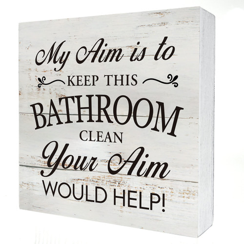 Funny Bathroom Wooden Box Sign Desk Decor Rustic My Aim is to Keep This Bathroom Clean Wood Block Plaque Box Sign for Home Office Shelf Table Decoration (5 X 5 Inch)