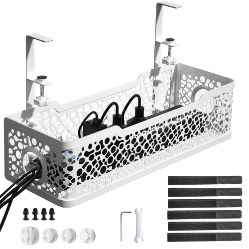 Under Desk Cable Management Tray No Drill, Cinati Upgraded Clamp Cable Management Box, Computer Cord Organizer for Desk, Desk Wire Management for Office, Home -No Damage to Desk (White)