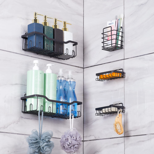 Jaugow Shower Caddy, [5-Pack] Adhesive Shower Organizer, No Drilling Shower Shelves, Rustproof Stainless Steel Bathroom shower rack, shower shelf for inside shower, Bathroom,Dorm and Kitchen, Black