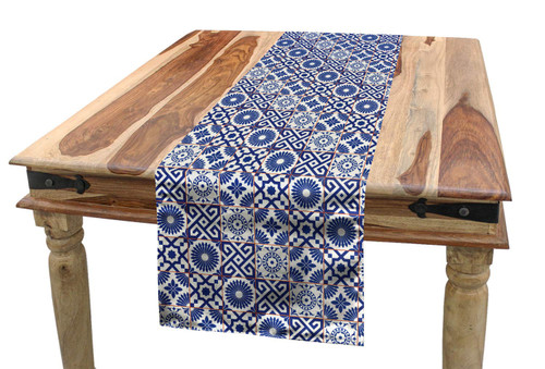 Lunarable Patchwork Table Runner, Azulejo Tile Motifs Portuguese Ceramic Pattern European Art, Dining Room Kitchen Rectangular Runner, 16" X 72", Sienna Blue