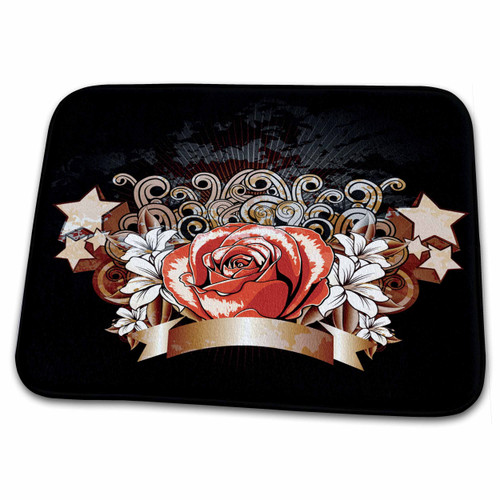 3dRose A Pretty Orange and Red Rose Surrounded By Bronze... - Dish Drying Mats (ddm-235854-1)
