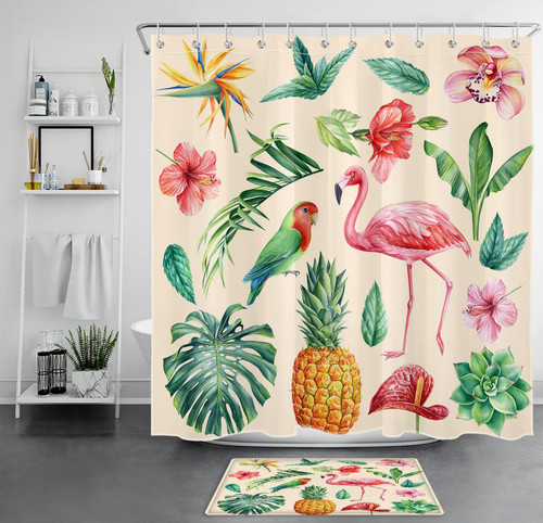 LB Pink Flower and Flamingo Shower Curtain Sets with Rugs Tropical Succulent with Monstera Banana Leaf on Beige Fabric Shower Curtain with Hooks Green Plant Bathroom Curtains Shower Set, 72x72 inches