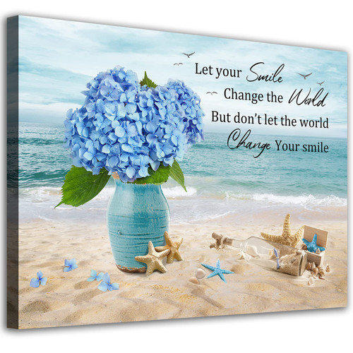 Flower Canvas Wall Art Ocean Beach Canvas Pictures Bathroom Wall Decor Blue Hydrangea Floral in Vase Prints Conch Starfish Coastal Painting Artwork for Living Room Bedroom Office Framed 16" x 24"