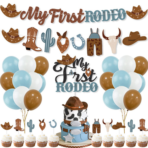 Cowboy Birthday Decorations, My First Rodeo Birthday Party Supplies Boy, My First Rodeo Banner Cake Topper Balloons for Boy Western Birthday Cowboy Baby Shower Cowboy Party Decorations