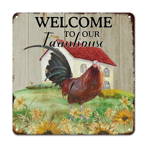 ArogGeld Welcome to Our Farmhouse Tin Sign Chicken Sunflower Red Barn Metal Wall Art Hen Chicken Home Sign Wall Decor Modern Wall Decoration for Garage Man Cave Cafee Bar 12x12in