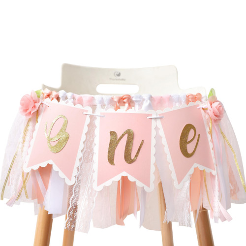Pink, Gold, White High Chair Birthday Banner - 1st Birthday High Chair Banner, First Flower Birthday For Girl, 1st Birthday Party Decoration,1st Birthday Banner