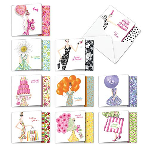 MQ5043BDG-B1x10 Birthday a la Mode: 10 Assorted 'Square-Top' Birthday Note Cards Featuring Bright and Celebratory Birthday Images; With Envelopes.