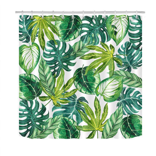LB Green Leaf Shower Curtain Set,Vibrant Tropical Banana Palm Leaf Monstera Shower Curtain Set with Hooks 72x72 inch Waterproof Polyester Fabric Bathroom Decorations