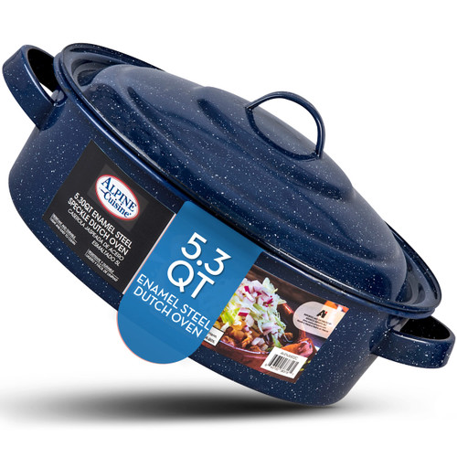 Alpine Cuisine Enamel Steel Dark Blue Speckle Dutch Oven 5.3 Quart - Non-Stick Coating Dutch Oven Pot with Lid & Eco-Friendly Carrying Handles, Multi-Purpose Cookware Pot for Baking, Roasting