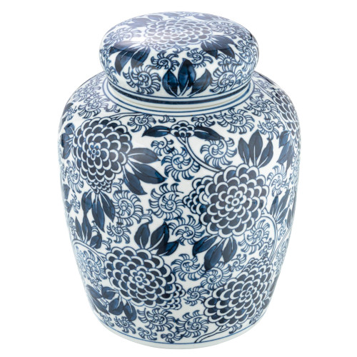 Creative Co-Op Decorative Ceramic Lid, Blue and White Ginger Jar, Dahlia Flower