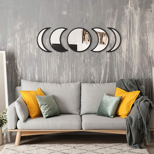 Ata Pleksi Moon Phase Mirror Set, 5 Pieces Home Decor Bohemian Moon Mirror Scandinavian Natural Decor Wall Decorative Mirror for Living Room Bedroom Acrylic Mirror