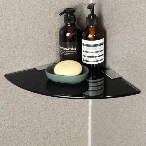 SAYAYO Glass Corner Shelf for Wall, Tempered Floating Glass Shelves for Bathroom 1 Pack, Black