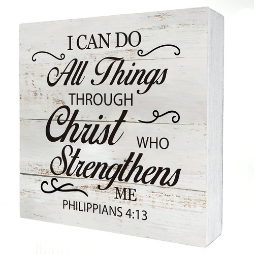 Inspirational Bible Verse I Can Do All Things Through Christ Wooden Box Sign Desk Decor Rustic Scripture Wood Block Plaque Box Sign for Home Living Room Office Shelf Table Decoration (5 X 5 Inch)