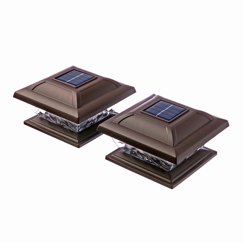 Home Zone Security ELI1344V Outdoor Solar Post Cap LED Lights with Flat Base for 4-in. to 6-in. Posts, 2 Pack (Bronze)