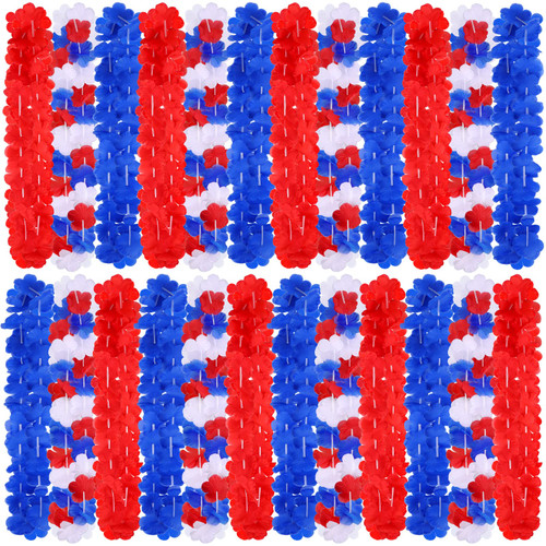 Fovths 24 Pieces Patriotic Leis Red White and Blue Flower Leis, 4th of July Garlands Necklaces Bulk for Independence Day Patriotic Party Decorations, Hawaiian Luau Flower Necklace