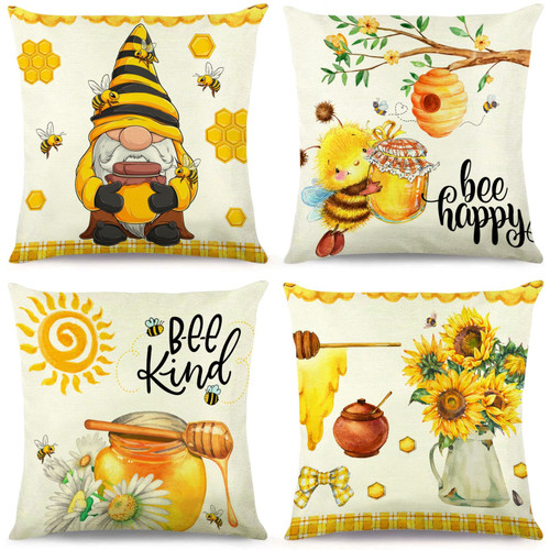 LEITINGYA Bumble Bee Decor, Bee Pillow Covers 18x18 Set of 4, Decorative Spring Summer Sunflower Bee Happy Bee Kind Throw Pillow Covers, Honey Bee Decor for Couch, Living Room, Bedroom, Car