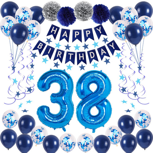 Blue 38 Birthday Decorations, Navy Blue 38th Birthday Decorations for Men Women, Happy 38th Birthday Balloons Party Supplies with Blue Happy Birthday Banner, Number 38 Balloons for 38 Years Old Birthday