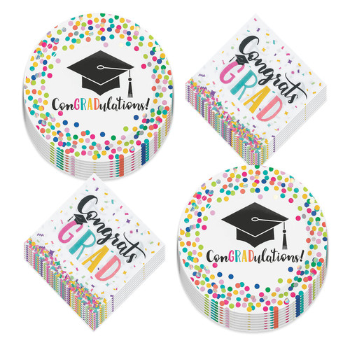 HOME & HOOPLA Graduation Party Congrats Girl Grad Confetti Dot Paper Dinner Plates and Lunch Napkins (Serves 16)