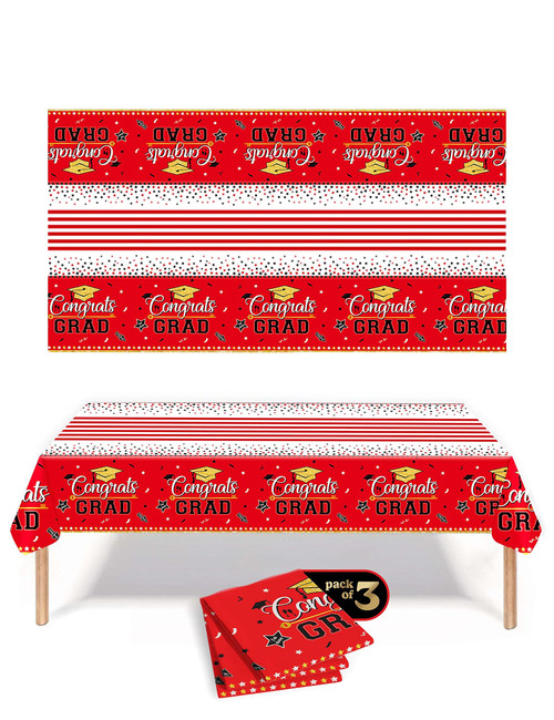 HOUSE OF PARTY Graduation Tablecloth - 3PCS Red Graduation Table Cloths | Congrats Grad Tablecloth Graduation Table Cover for Class of 2023 Graduation Table Decorations, 54"x108"