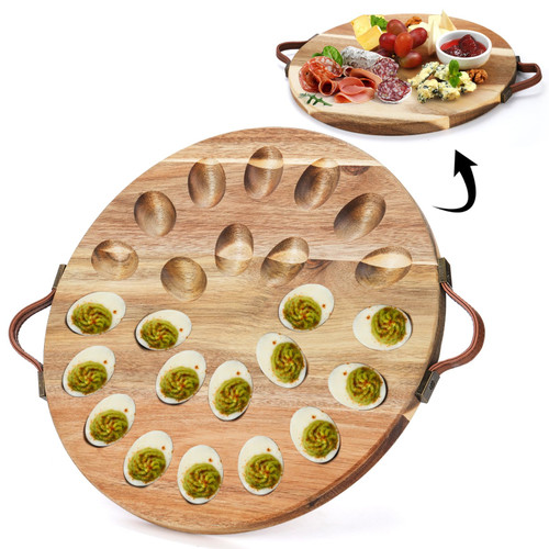 Hiceeden Acacia Wood Deviled Egg Platter with Handles, 24 Holes Round Deviled Egg Tray Container, Reversible Charcuterie Board Egg Plate Serving Tray for Countertop Hiceeden Acacia Wood Deviled Egg Platter with Handles, 24 Holes Round Deviled Egg Tray Container, Reversible Charcuterie Board Egg Plate Serving Tray for Countertop