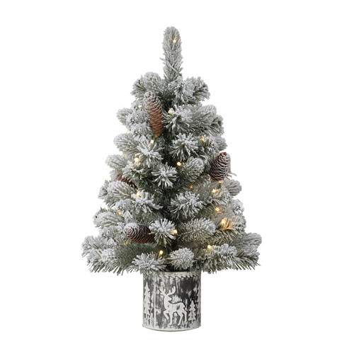Puleo International Pre-Lit 2' Flocked Table Top Artificial Christmas Tree in Metal Pot, Green