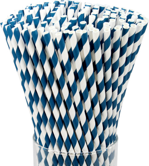 FAMASTON 150-pack Biodegradable Blue Stripes Paper Straws - Disposable Drinking Paper Straws - Straws for Cake Pops in Birthday, Anniversary, Wedding, Holiday Celebrations, Party Decor, and Supplies