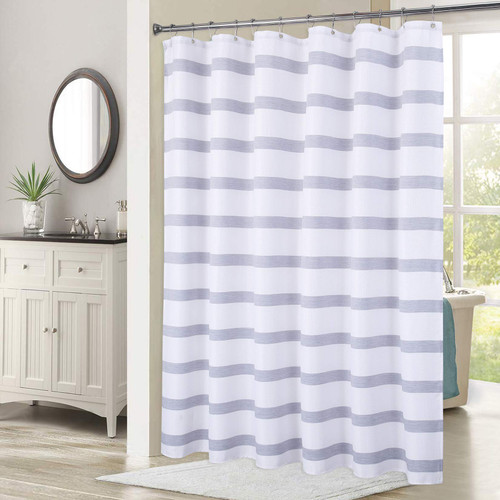 Haperlare Navy Blue Shower Curtain with Yarn Dyed Striped Design, Waffle Weave Textured Fabric Water Resistant Heavy Weight Shower Curtain with Metal Grommets for Bathroom, 72" W x 72" L