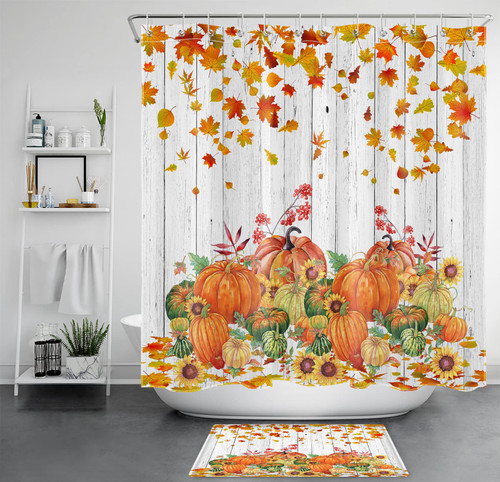 Autumn Fall Shower Curtain Sets with Rugs Pumpkin Farmhouse Sunflower Maple Leaves Rustic Vintage Wood Fabric Shower Curtain with Hooks Thanksgiving Harvest Bathroom Curtains Shower Set, 72x72 inches Autumn Fall Shower Curtain Sets with Rugs Pumpkin Farmhouse Sunflower Maple Leaves Rustic Vintage Wood Fabric Shower Curtain with Hooks Thanksgiving Harvest Bathroom Curtains Shower Set, 72x72 inches