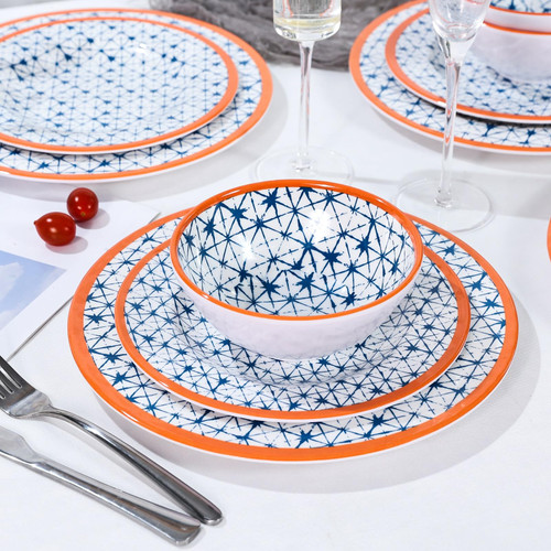 Melamine Dinnerware Sets - 12pcs plates and bowls sets, Serveice for 4, Unbreakable Indoor and Outdoor Use Tableware, White and Blue