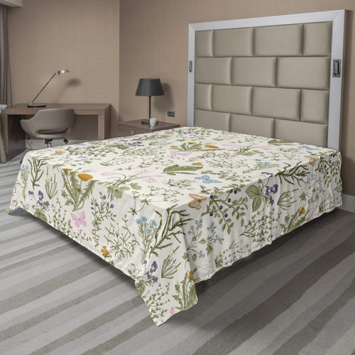 Ambesonne Floral Flat Sheet, Vintage Garden Plants Herbs Flowers Botanical Classic Design Art, Soft Comfortable Top Sheet Decorative Bedding 1 Piece, King Size, Sage Green